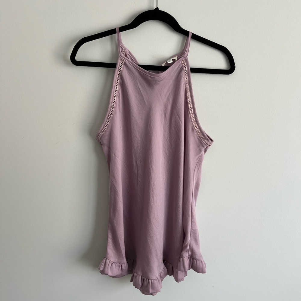 Umgee Lavender Luxurious Silky Cotton Ruffled Loose Tank Top with Tie Closure -M